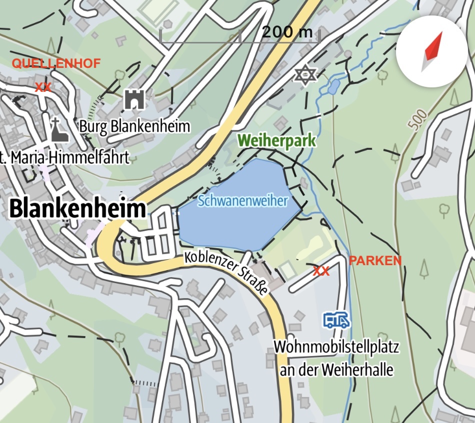 Kartenausschnitt Blankenheim mit Quellenhof und Parkplatz am Schwanenweiher